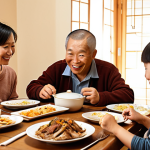 **

A warm, brightly lit dining room with three generations of a Chinese family (grandparents, parents, and children) gathered around a table for a meal. The grandparents are smiling and engaged in conversation with the younger family members. Focus on the expressions of love, connection, and mutual respect. The setting should feel inviting and comfortable, emphasizing a strong family bond.

**