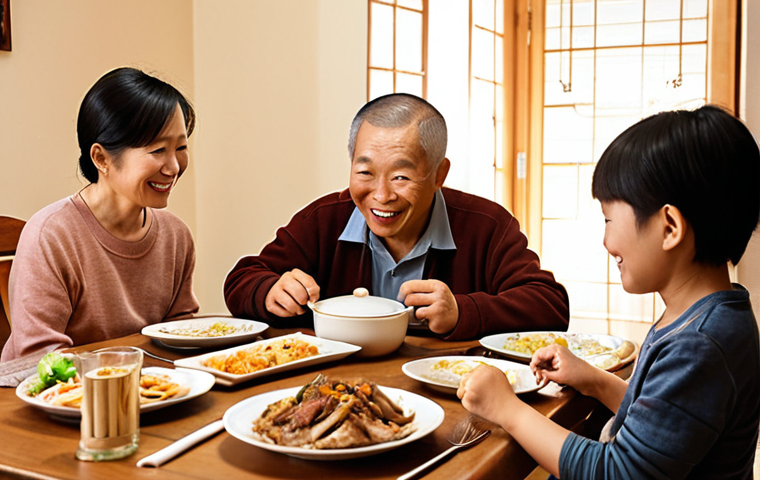 **

A warm, brightly lit dining room with three generations of a Chinese family (grandparents, parents, and children) gathered around a table for a meal. The grandparents are smiling and engaged in conversation with the younger family members. Focus on the expressions of love, connection, and mutual respect. The setting should feel inviting and comfortable, emphasizing a strong family bond.

**